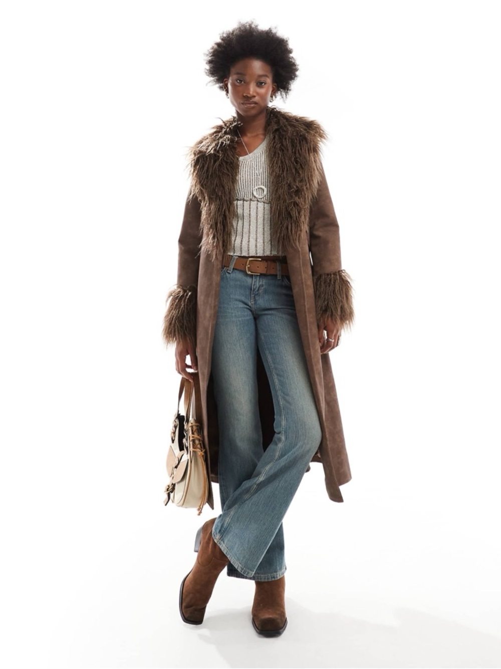 Reclaimed Vintage Brown Faux-Suede Trench Coat with Faux-Fur Trim - Picture 2 of 10